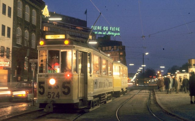 Copenhagen tram, January 1969. (Grossraumtriebwagen 524) The then obsolete tram model would soon be phased out, and the entire system closed.