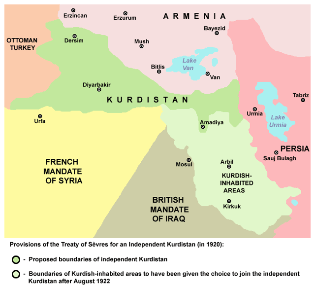 Provisions of the Treaty of Sèvres for an independent Kurdistan (in 1920).