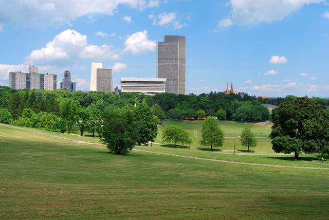 Lincoln Park is flanked on the north by the Empire State Plaza.