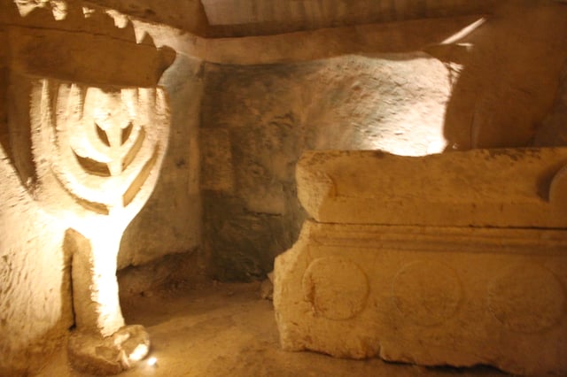Menorah and sarcophagus in "Cave of the Coffins", Catacomb no. 20