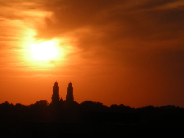 The Saint Cecilia Cathedral against an Omaha summer sunset.