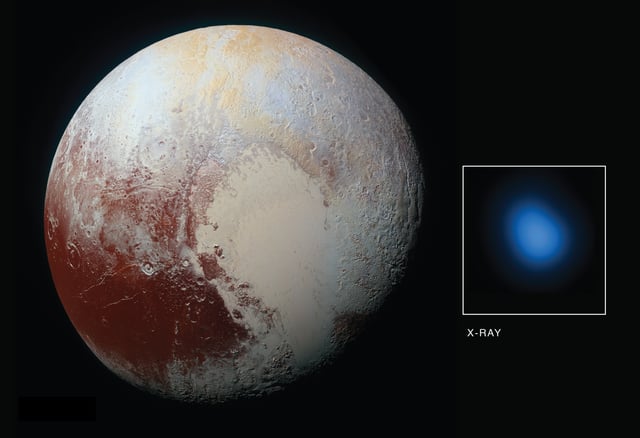 Image of Pluto in X-rays by Chandra X-ray Observatory (blue spot). The X-rays are probably created by interaction of the gases surrounding Pluto with solar wind, although details of their origin are not clear.