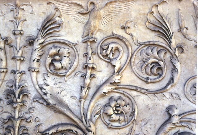 Close up on the sculpted detail of the Ara Pacis (Altar of Peace), 13 BC to 9 BC