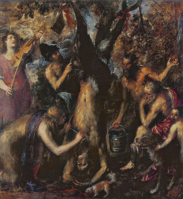 Titian's Flaying of Marsyas (c. 1570–1576) uses satyrs to challenge early modern humanism.