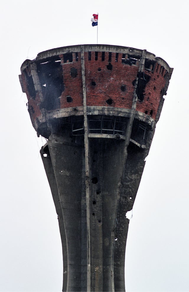 Vukovar water tower during the Siege of Vukovar in eastern Croatia, 1991. The tower came to symbolize the town's resistance to Serb forces.