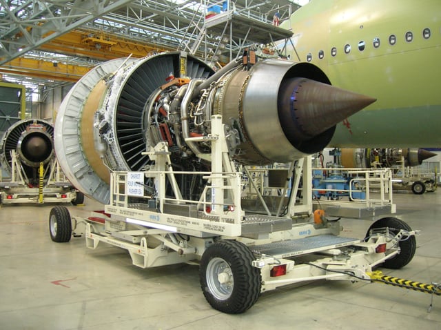 Engine Alliance GP7000 turbofan (view from the rear) awaiting installation on an Airbus A380 under construction