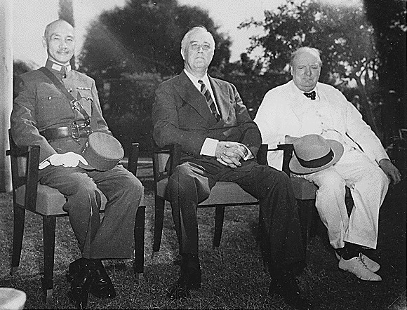 The Allied leaders of the Asian and Pacific Theater: Generalissimo Chiang Kai-shek, Franklin D. Roosevelt, and Winston Churchill meeting at the Cairo Conference in 1943
