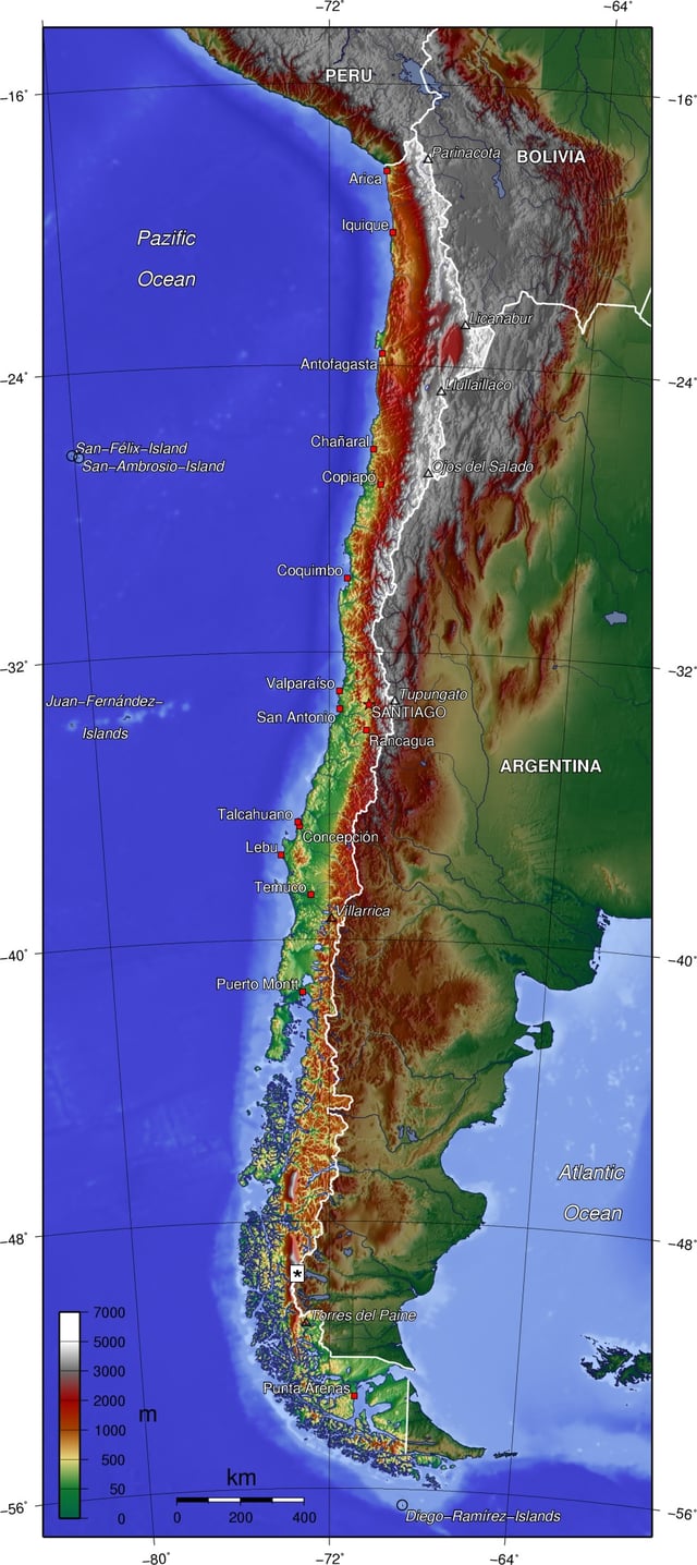 Topographic map of Chile. To view maps based on SRTM topographic relief of the country, see here.