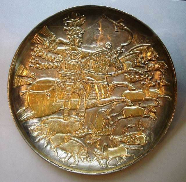 Hunting scene on a gilded silver bowl showing king Khosrau I.