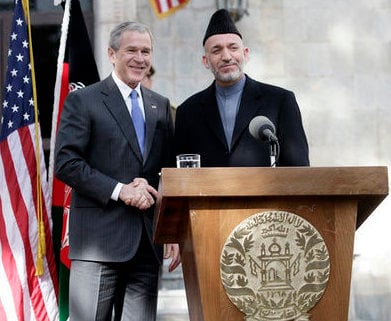 President Bush and President Hamid Karzai of Afghanistan appearing at a joint news conference in Kabul, March 1, 2006
