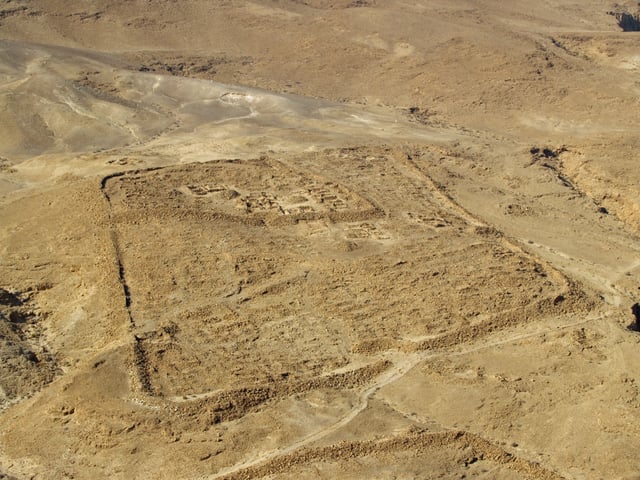 Remnants of one of several legionary camps at Masada in Israel, just outside the circumvallation wall at the bottom of the image.
