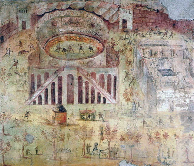 Wall painting depicting a sports riot at the amphitheatre of Pompeii, which led to the banning of gladiator combat in the town