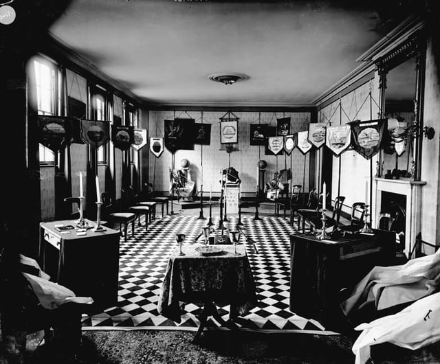 View of room at the Masonic Hall, Bury St Edmunds, Suffolk, England, early 20th century, set up for a Holy Royal Arch convocation