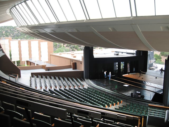 The interior of the Crosby Theater at the Santa Fe Opera, viewed from the mezzanine