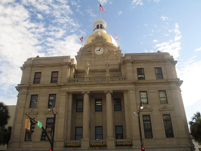 With its distinctive dome in tissue-paper-thin, 23-karat gold leaf, Savannah's City Hall (1906) is the first building constructed for exclusive use by the municipal government.