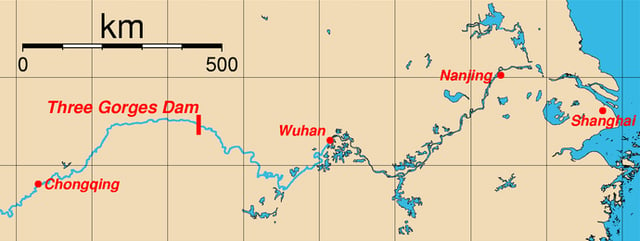 Map of the Yangtze river locating the Three Gorges Dam