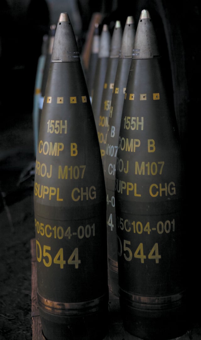 155 mm M107 projectiles. All have fuzes fitted.