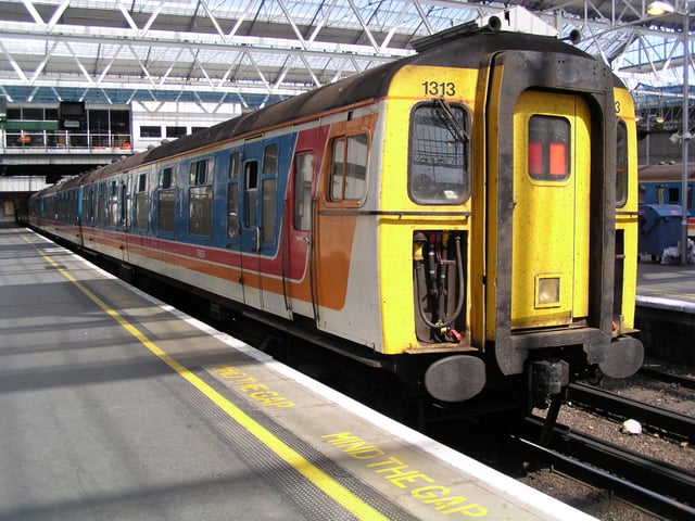 Class 421/5, no. 1313, at London Waterloo on 19 July 2003. This is one of 22 "Greyhound" units that were operated by South West Trains. This unit has since been withdrawn and scrapped.