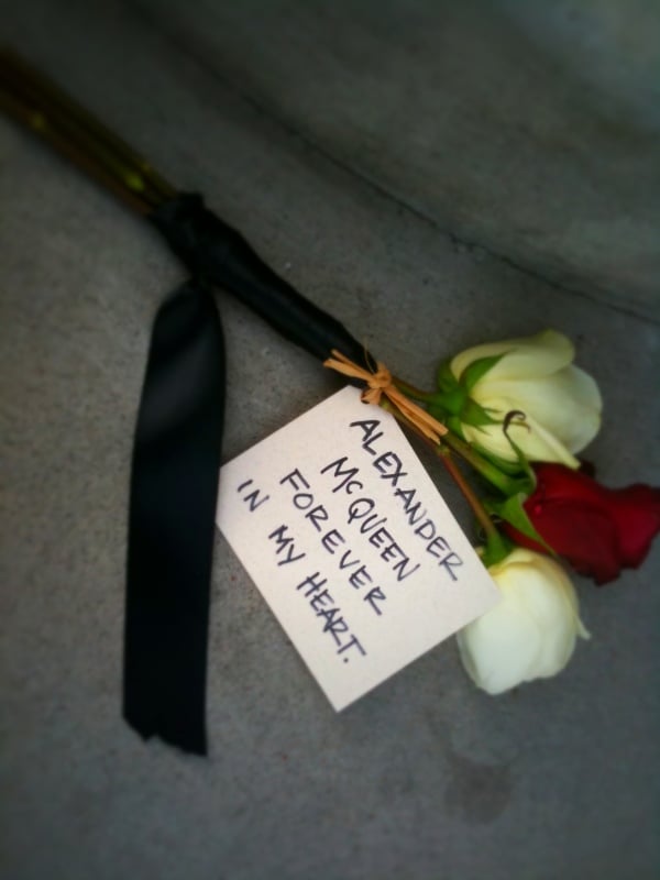 A dedication by a fan at an Alexander McQueen store after McQueen's death