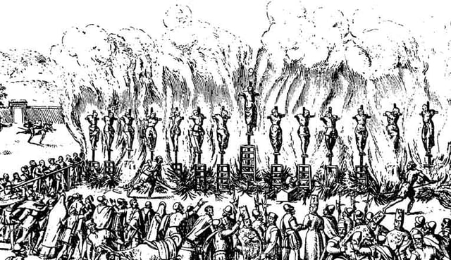 Contemporary illustration of the auto-da-fé of Valladolid, in which fourteen Protestants were burned at the stake for their faith, on 21 May 1559