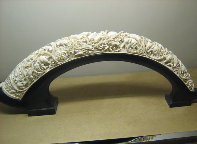 An elaborately carved ivory tusk in Sa'dabad Palace, Iran