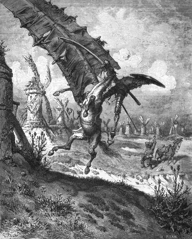 Illustration by Gustave Doré depicting the famous windmill scene