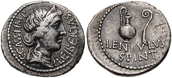 Lituus and jug on the reverse of a coin