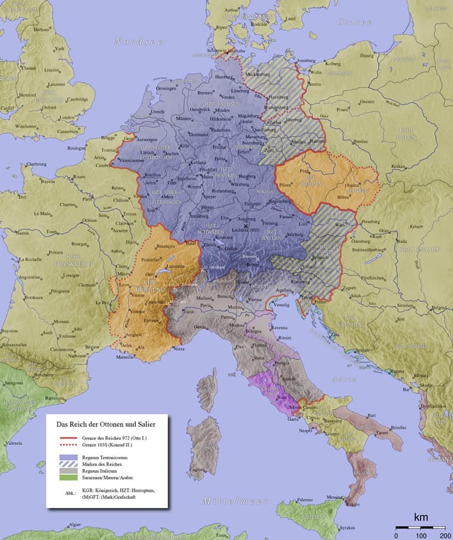 Extent of Holy Roman Empire in 972 (red line) and 1035 (red dots) with Kingdom of Germany marked in blue