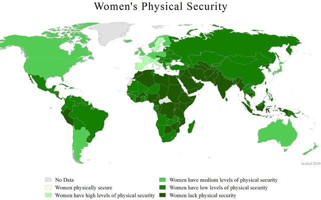 A map of the world showing countries by level of women's physical security, 2011
