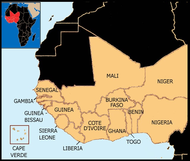 Geopolitical States of West Africa;       * Benin * Burkina Faso * Cape Verde * Ivory Coast * The Gambia     * Ghana * Guinea * Guinea-Bissau * Liberia * Mali     * Niger * Nigeria * Senegal * Sierra Leone * Togo