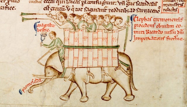The Cremona elephant as depicted in the Chronica maiora, Part II, Parker Library, MS 16, fol. 151v - On parade during the visit of Frederick's brother-in-law Richard of Cornwall to Cremona in 1241