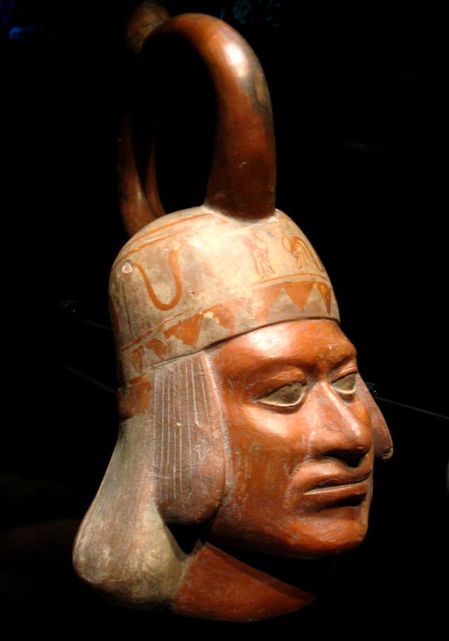 A Moche ceramic vessel from the 5th century depicting a man's head.
