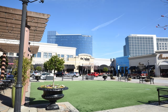 Office towers overlooking shops and restaurants in North Hills in Midtown Raleigh 2019