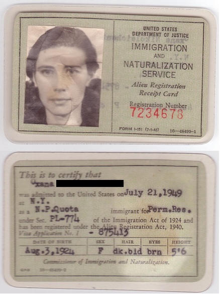 A 1949 "alien registration receipt card" of a female immigrant, which was issued by the now-abolished Immigration and Naturalization Service (INS) under the Nationality Act of 1940.