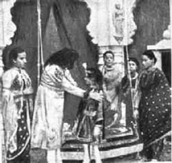 A scene from Raja Harishchandra (1913) – credited as the first full-length Indian motion picture.