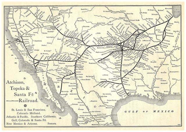 A map of "The Santa Fé Route" and subsidiary lines, as published in an 1891 issue of the Grain Dealers and Shippers Gazetteer