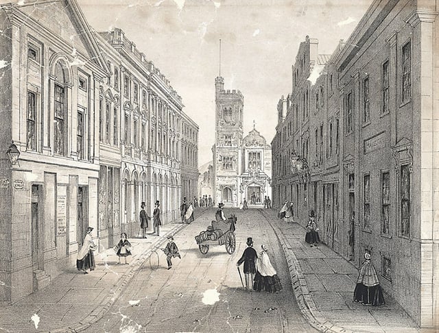 Temple street, Swansea, showing the bank, theatre and post office (1865)