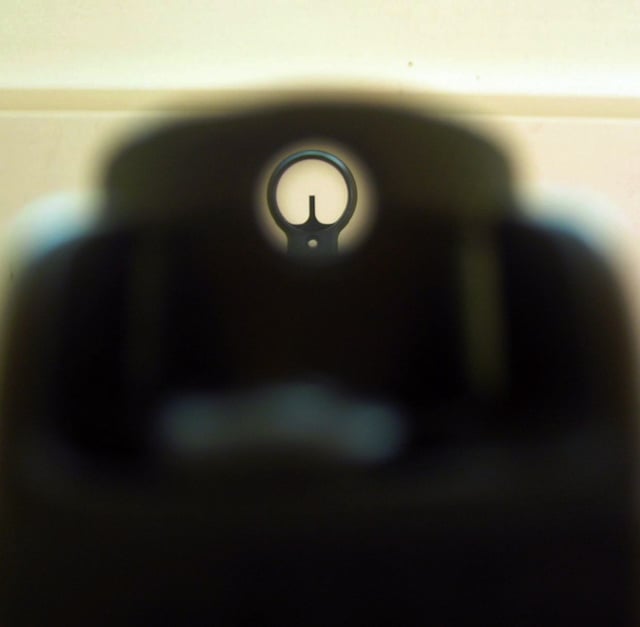 A view through the weapon's aperture sight