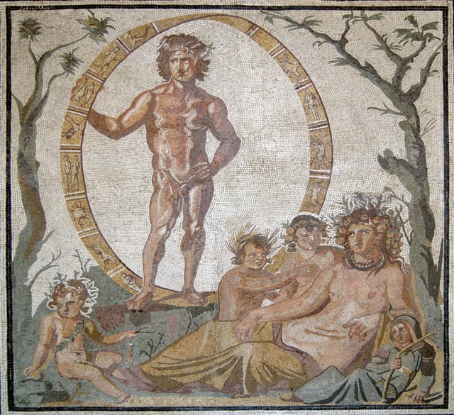 Aion and Gaia with four children, perhaps the personified seasons, mosaic from a Roman villa in Sentinum, first half of the third century BC, (Munich Glyptothek, Inv. W504)