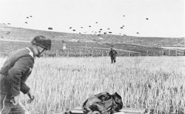 German paratroopers landing on Crete during the Battle of Crete