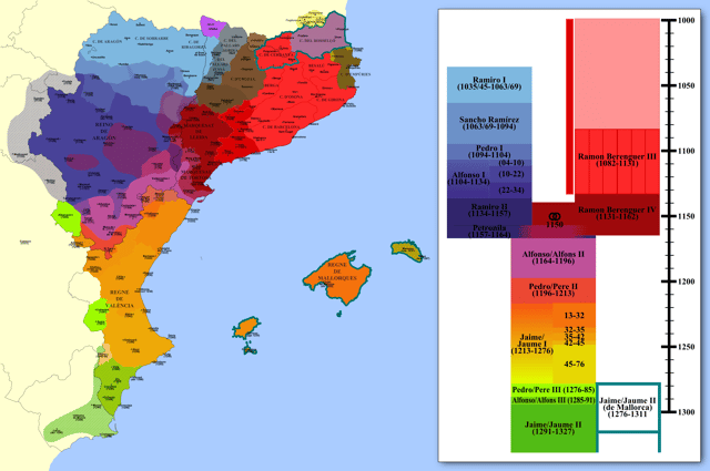 Territorial expansion of the Crown of Aragon between 11th and 14th centuries in the Iberian Peninsula and Balearic Islands.