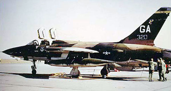 Republic F-105F-1-RE Thunderchief, AF Serial No. 63-8320 of the 561st Tactical Fighter Squadron, 35th Tactical Fighter Wing, George Air Force Base, California, November 1973. Converted to F-105G in 1972. This aircraft scored 3 MiG kills in Vietnam with the 388th TFW and is currently on display at the National Museum of the United States Air Force. (U.S. Air Force photo)