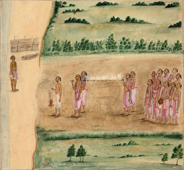 An 1820 painting showing a Hindu funeral procession in south India. The pyre is to the left, near a river, the lead mourner is walking in front, the dead body is wrapped in white and is being carried to the cremation pyre, relatives and friends follow.