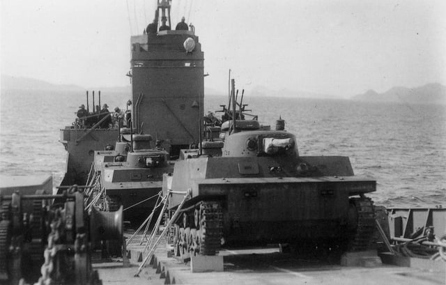Group of Type 2 Ka-Mi tanks on board of 2nd class transporter of the Imperial Japanese Navy, 1944-1945