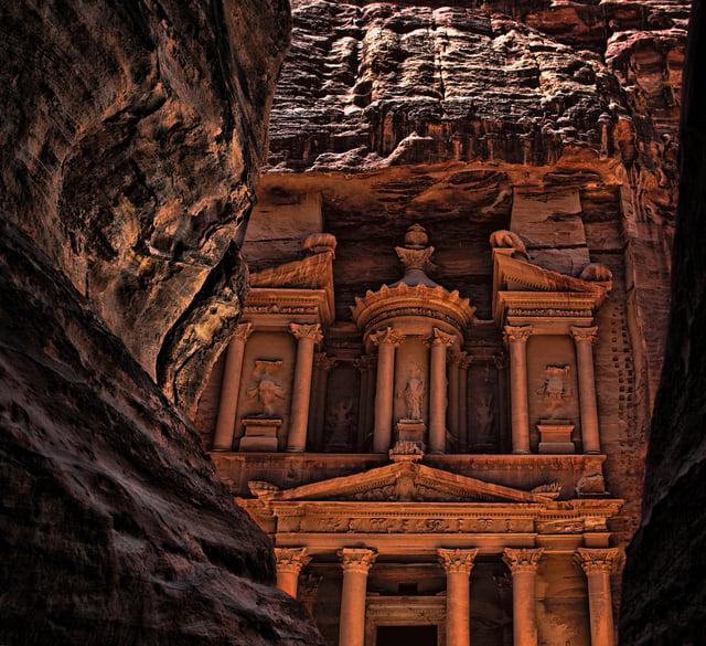 Façade of Al Khazneh in Petra, Jordan, built by the Nabateans.