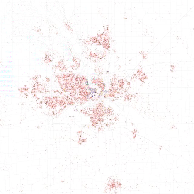 Map of racial distribution in Des Moines, 2010 U.S. Census. Each dot is 25 people: White, Black, Asian, Hispanic or Other (yellow)