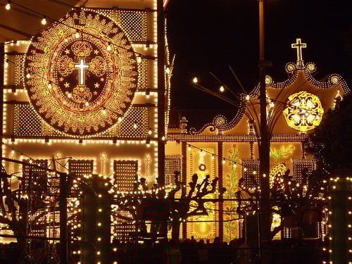 The illuminated Convent and Shrine of the Lord Holy Christ of the Miracles.
