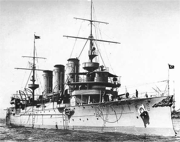 The Ottoman cruiser Hamidiye. Its exploits during its eight-month cruise through the Mediterranean were a major morale booster for the Ottomans.