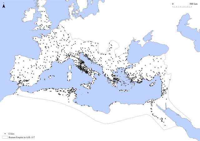 The cities of the Roman world in the Imperial Period. Data source: Hanson, J. W. (2016), Cities database, (OXREP databases). Version 1.0. (link   ).