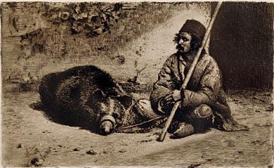 A nomadic ursar, a Romani bear-busker. Drawing by Theodor Aman, 1888